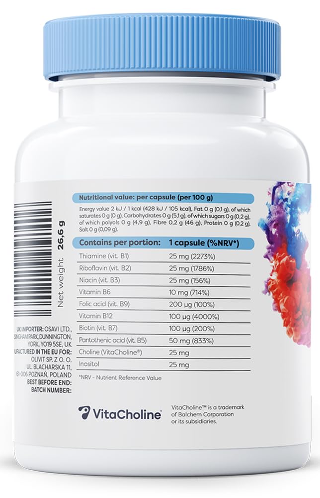 OSAVI Osavi B–Complex with Choline & Inositol – 60 Vegan Capsules | Complete B–Vitamin Support for Energy, Nervous System & Mental Performance | with VitaCholine® | Clean Label | Vegan–Friendly