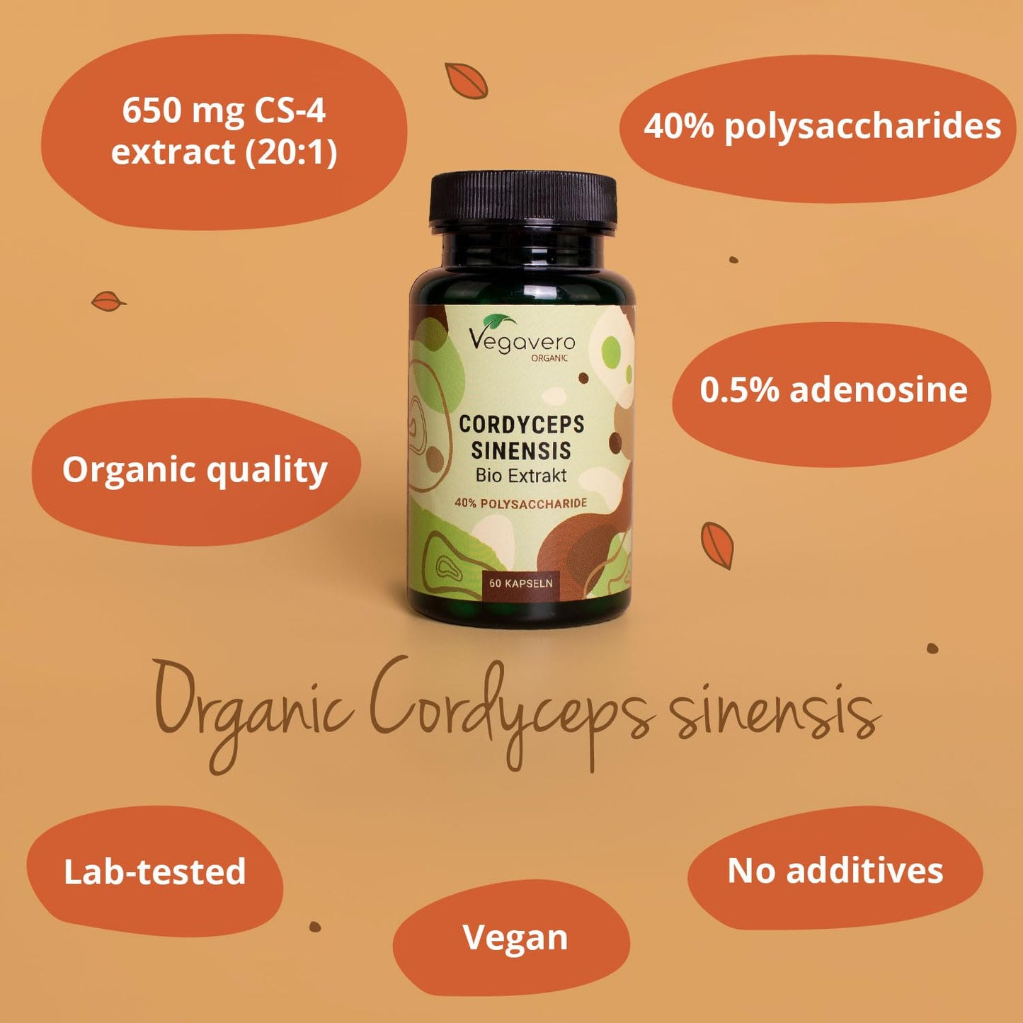Vegavero Cordyceps Sinensis Organic 13,000 mg | Mushroom Extract 20:1 | 40% Polysaccharides and 0.5% Adenosin | NO Additives | Lab-Tested | Vegan