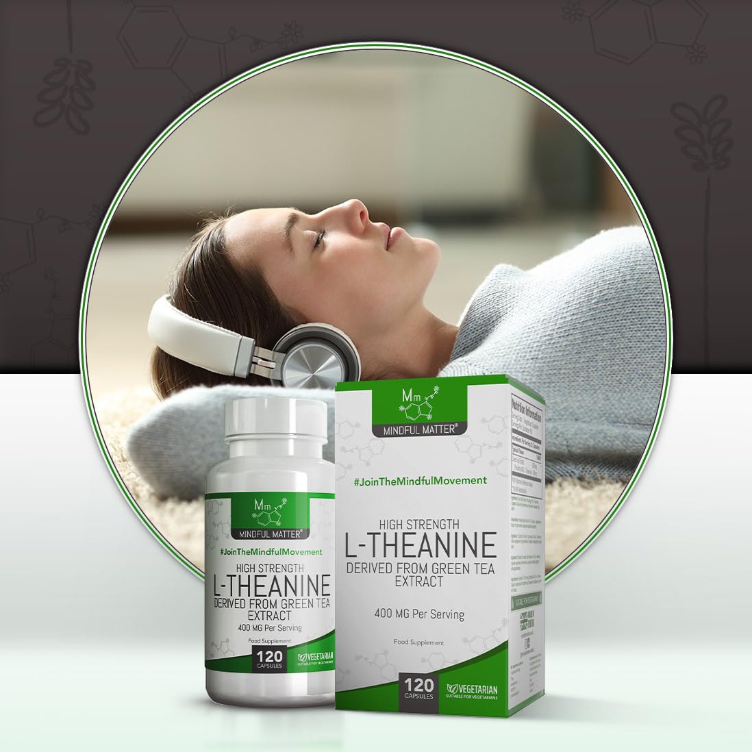 Mindful Matter MM L Theanine | 120 L-Theanine Capsules from Green Tea - High Strength 1000mg Green Tea Extract Providing 400mg L'theanine per Serving | L Theanine Supplement | Non-GMO Gluten Free | Made in UK
