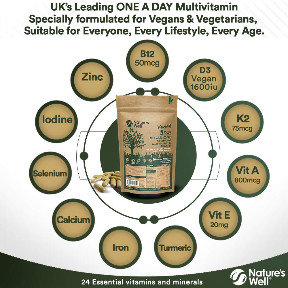 Nature's Well Vegan Multivitamins & Minerals with High Strength B12, D3 & K2, 90 Capsules – Halal & Kosher, Made in UK by Nature’s Well, Designed for Vegans & Vegetarians - Pouch