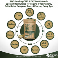 Nature's Well Vegan Multivitamins & Minerals with High Strength B12, D3 & K2, 90 Capsules – Halal & Kosher, Made in UK by Nature’s Well, Designed for Vegans & Vegetarians - Pouch