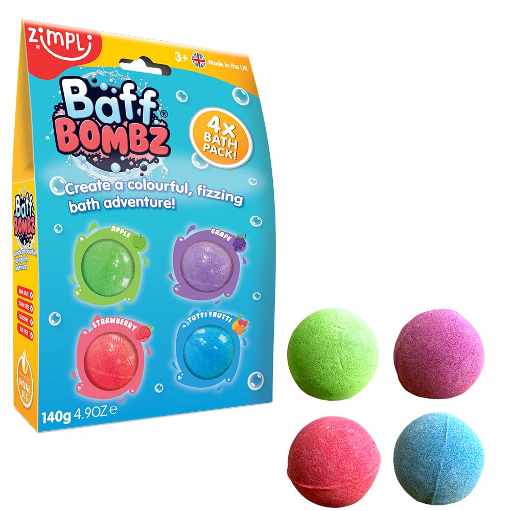 4 x Bath Bombs from Zimpli Kids, Bath Fizzers Gift Set for Children, Moisturising & Organic for Dry Skin, Birthday Gift for Boys & Girls, Pocket Money Bath Toy, Vegan Friendly & Cruelty Free