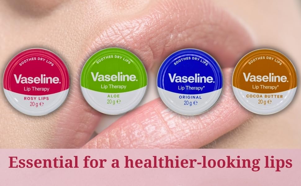 Generic Vaseline Lip Balm - Petroleum Jelly - Lip Therapy - Original, Coco Butter, Alo VeraAnd Rosy 20g Tin - Soothes Dry Lips - Pack Of 4