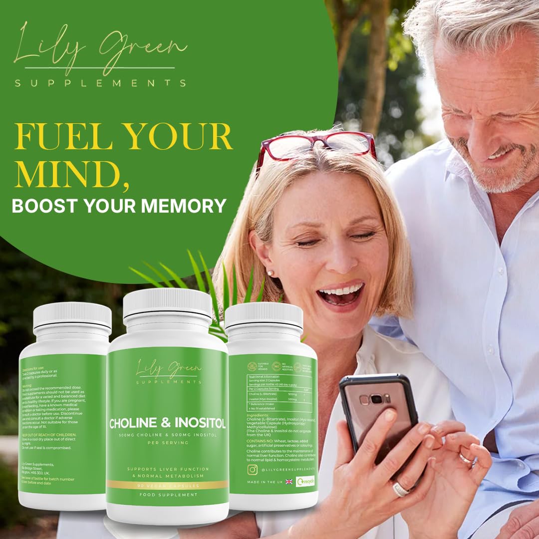 Lily Green Supplements Lily Green Choline & Inositol Capsules | High Strength Choline and Inositol Supplement | 1000mg Per Serving | 90 Vegan Capsules | Made in UK