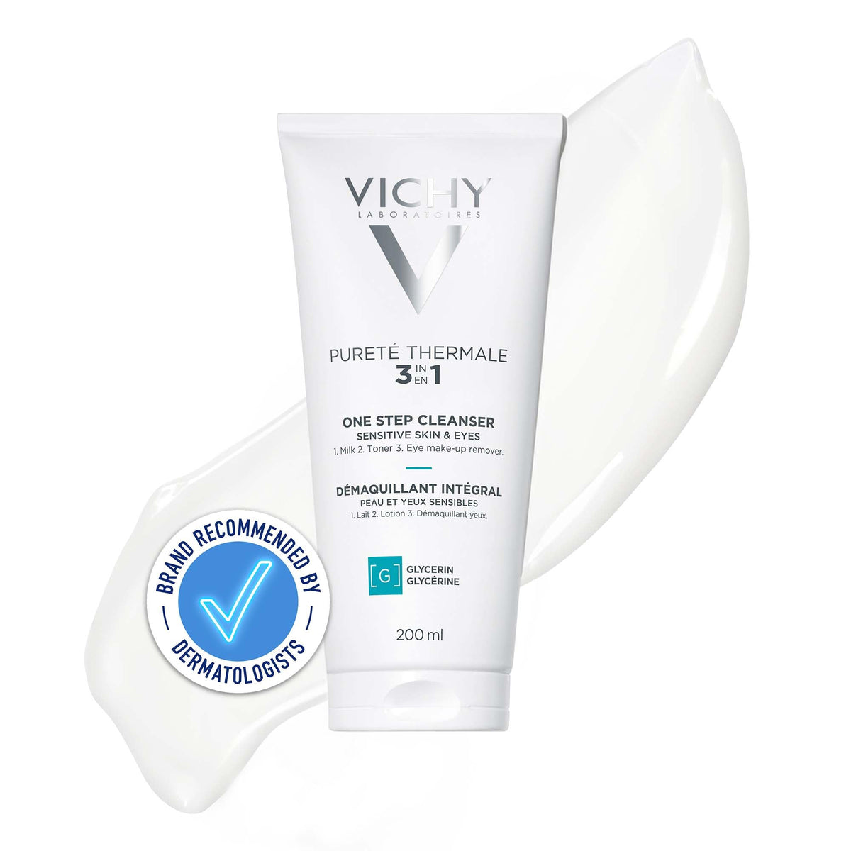 VICHY Vichy Pureté Thermale 3-in-1 One Step Cleanser, Triple Action Makeup Remover, Cleansing Milk and Toning Lotion for Sensitive Skin, Enriched with Volcanic Water, 200ml