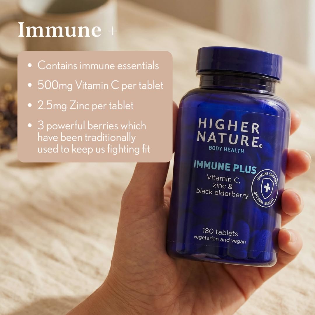 HIGHER NATURE Higher Nature Immune Plus - Vitamin C with Zinc & Black Elderberry - Immune Support Supplements - Vegetarian and Vegan Multivitamin - 180 Tablets