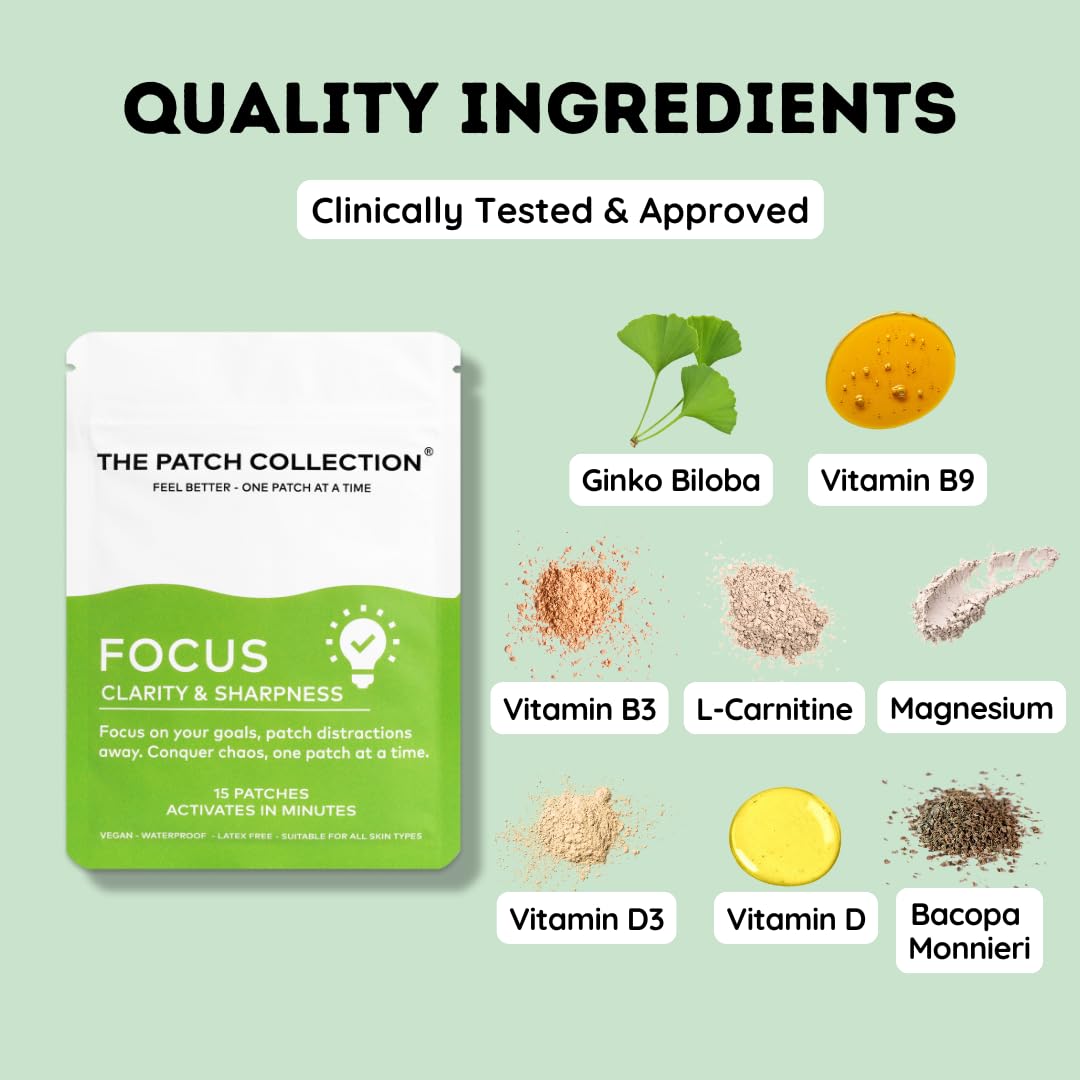 The Patch Collection® - Ultimate Focus & Clarity Patch for Improved Brain Function, Sharpness, Memory | Ginkgo Biloba, Green Tea, B-Vitamins, Magnesium | 8 Hour Focus | Vegan & Latex Free (Pack of 15)