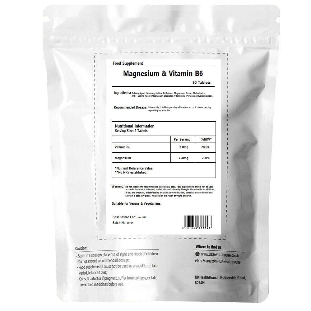 UKHealthHouse Magnesium + Vitamin B6 - Strong Micro Tablets Cramp Stress Fatigue Immune System Bone Muscle Teeth Health MAGNEZ + VIT B6 Tabs Magne b6 (90 tabs)