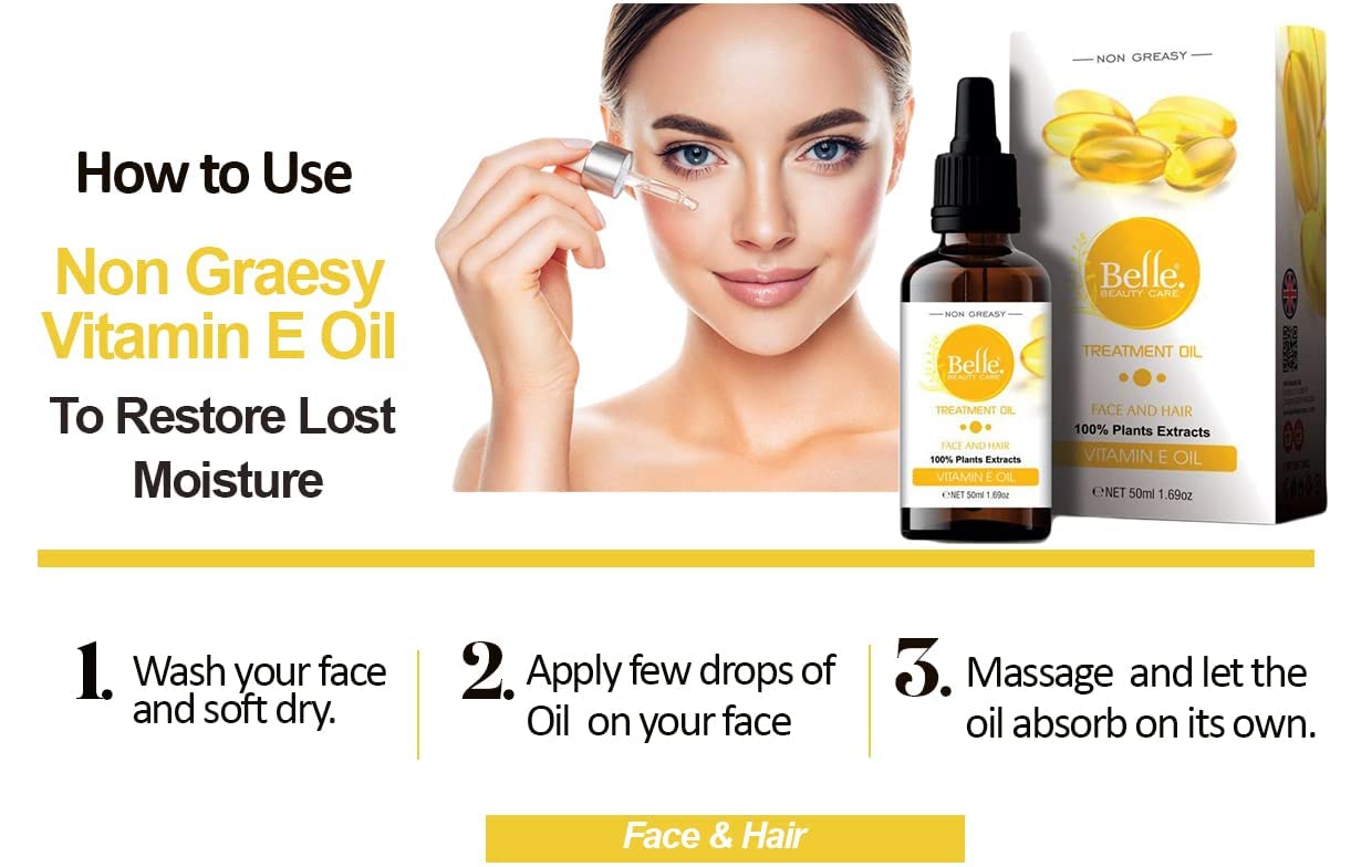 Vitamin E Oil Non Greasy Face Oil Treatment Dark Spots Face And Hair Oil Normal to Dry Skin Vitamin E Oil 50mL1.69oz By BELLE