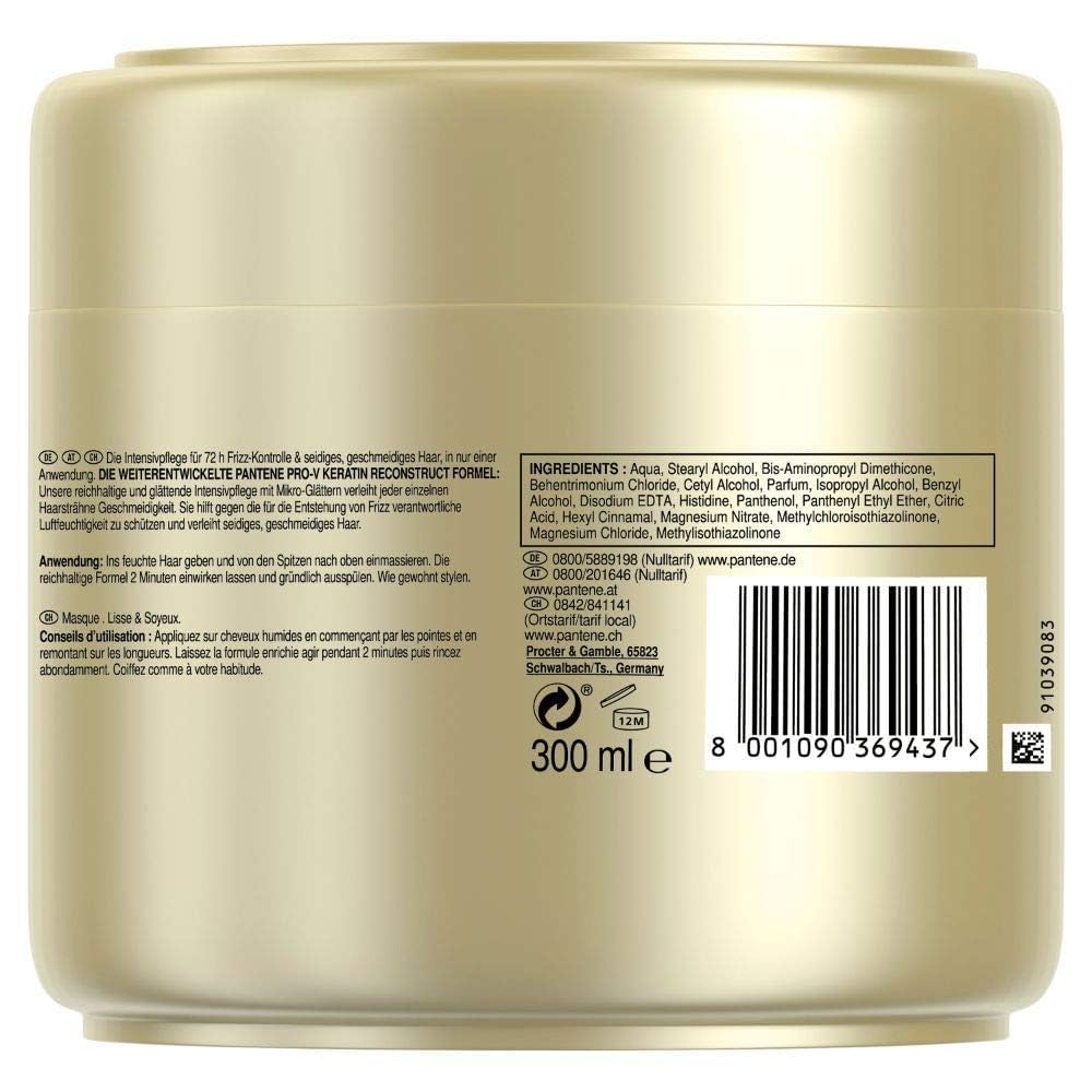 Pantene Pro-V Miracles Smooth & Silky Keratin Reconstruct Hair Mask (300 ml) for Unruly Hair, Hair Treatment Dry Hair, Hair Care Shine, Anti-Frizz