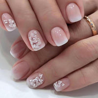 Generic 24PCS Medium Almond Stick On Nails with Floral Design - Elegant False Nails for Spring and Summer Style, Reusable Press On Set for Women, Glossy Pink Ombre Manicure with White Squoval Tips