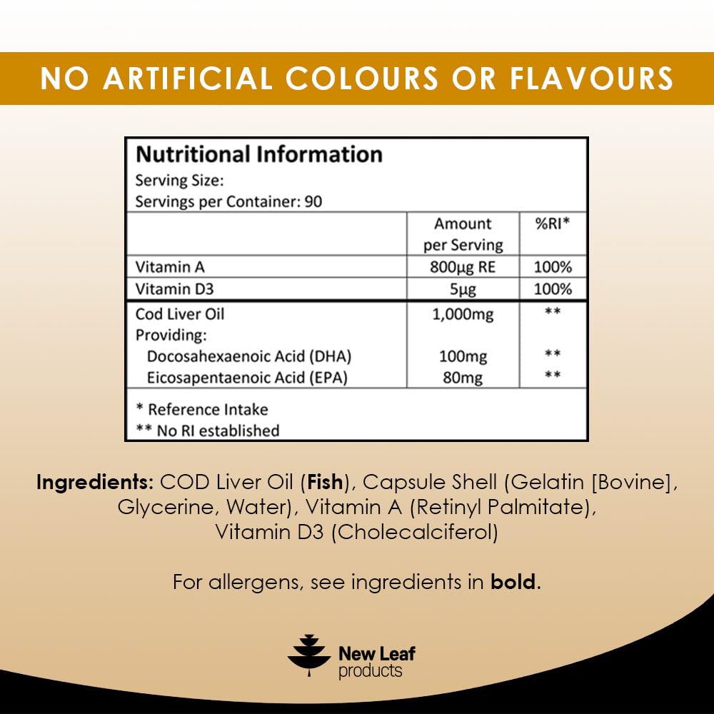 Cod Liver Oil Capsules 1000mg - 90 Cod Liver Capsules High Strength Softgels- Cod Liver Oil Rich in Omega 3 EPA DHA Fatty Acids + Vitamins A & D, High Strength Fish Oil - UK Made, by New Leaf