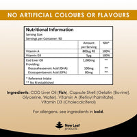 Cod Liver Oil Capsules 1000mg - 90 Cod Liver Capsules High Strength Softgels- Cod Liver Oil Rich in Omega 3 EPA DHA Fatty Acids + Vitamins A & D, High Strength Fish Oil - UK Made, by New Leaf