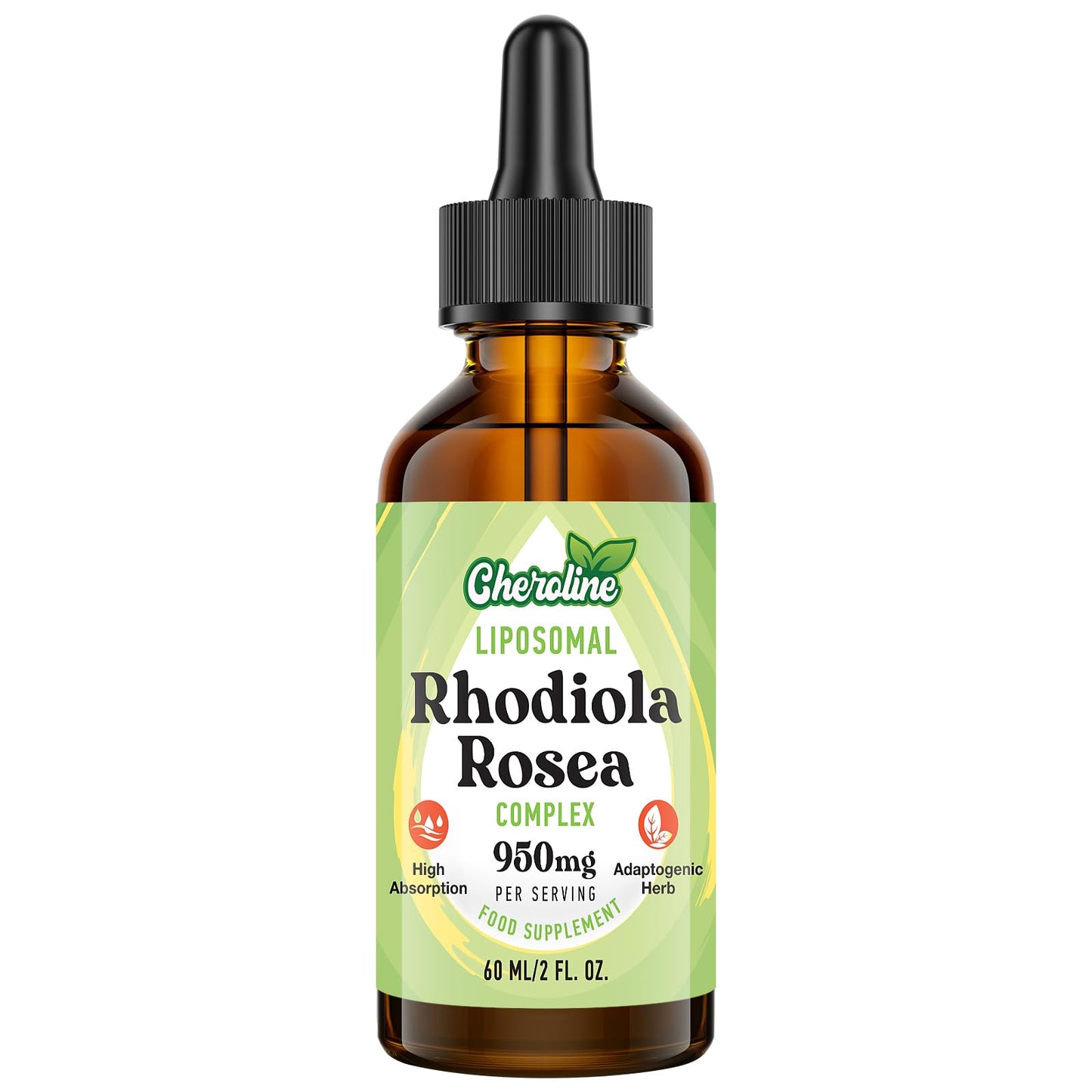 Cheroline Liposomal Rhodiola Rosea 950 mg, 9-in-1 rhodiola Rosea Drops 60 ml, Rhodiola Root Liquid Tincture, Vegan Adaptogenic Herb Supplement for Energy, Stress & Mood (Pack of 1)