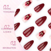 Mikloven Pearl Red French Tip Press On Nails - Almond Short Floral Design - 24Pcs Reusable Nail Set - Premium ABS Material - Quick 5 Minute Application - Salon Quality At Home - Lightweight Manicure Kit