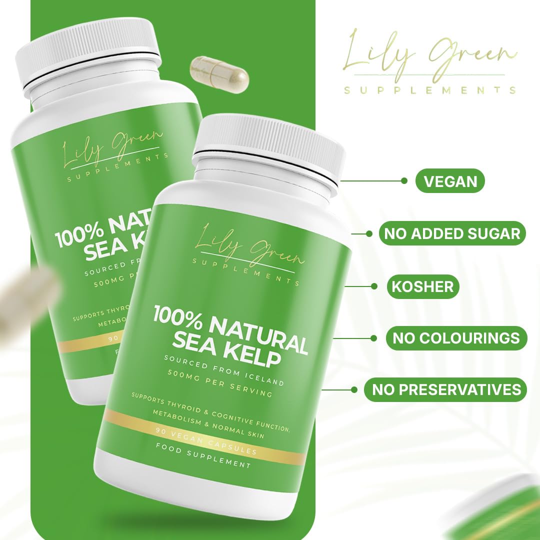 Lily Green Supplements Lily Green Organic Sea Kelp | 500mg Per Serving Thyroid Support Supplement | 435mcg of Iodine Supplement per Capsule | Non-GMO & No Artificial Fillers Cognitive Supplements | 90 Capsules | Made in UK