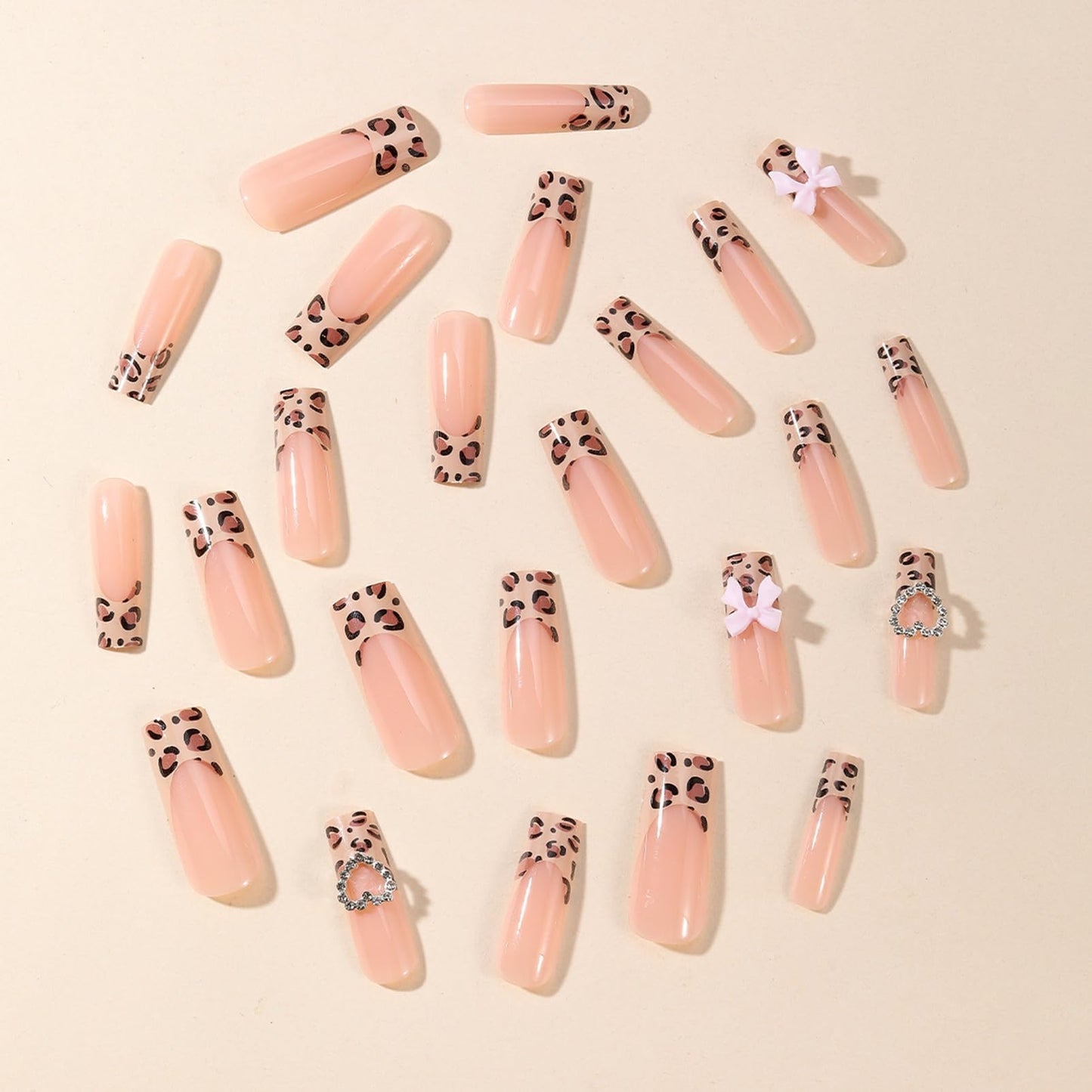 Generic Long Square Fake Nails with Leopard Print & Pink Bow Designs - 24PCS Glossy Reusable Artificial Nail Tips for Women, Nude Pink Gradient Coffin Style Acrylic for Daily Wear and Special Occasions
