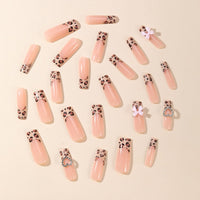 Generic Long Square Fake Nails with Leopard Print & Pink Bow Designs - 24PCS Glossy Reusable Artificial Nail Tips for Women, Nude Pink Gradient Coffin Style Acrylic for Daily Wear and Special Occasions