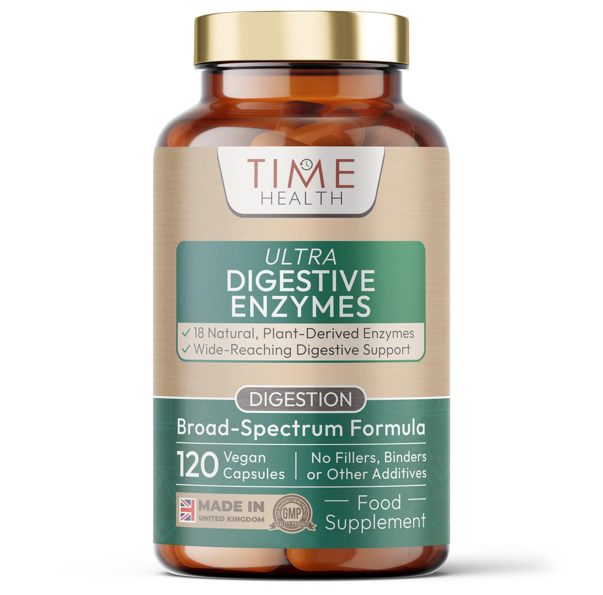 Time Health Ultra Digestive Enzymes Complex – Natural & Comprehensive 18 Enzyme Formula – for Bloating Relief, Regular Movements and Overall Digestion – 120 Capsules – UK Made – Zero Additives