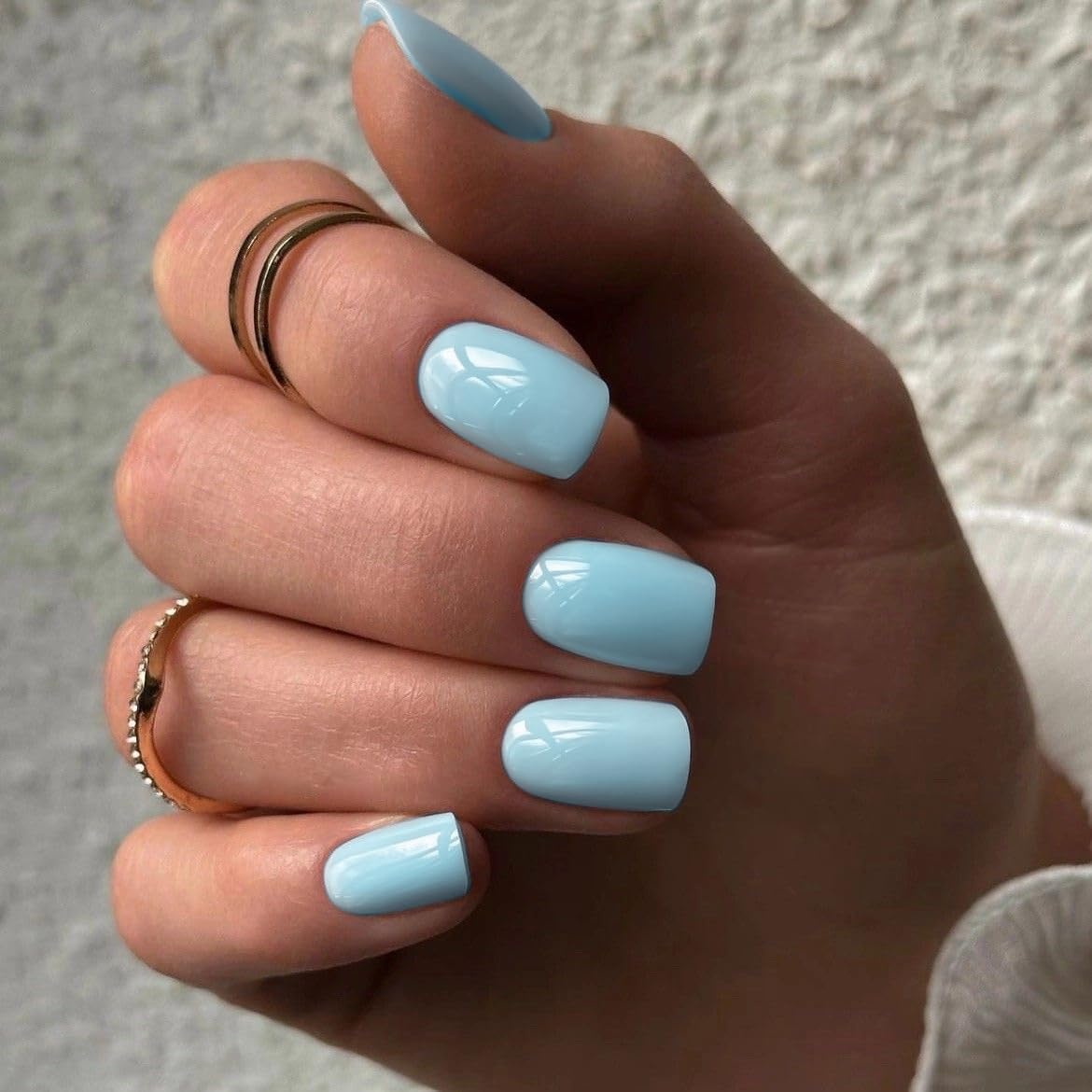 SXVME Light Blue Press on Nails Short Square Acrylic Short False Nails Coffin Natural Acrylic Fake Nails Set Elegant Solid Color Full Cover Glossy Gel Stick on Nail for Women Daily Wear 24 Pcs