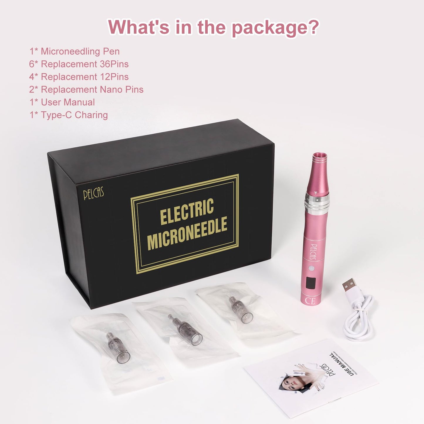 Microneedling Pen 9-Speeds,PELCAS Dermapen 0-2.5mm Adjustable with 12 Pcs Cartridges Type-C Rechargable Electric Derma Pen with LCD Screen for Anti-Aging Skin Care Wrinkle Stretch Marks Hair Loss