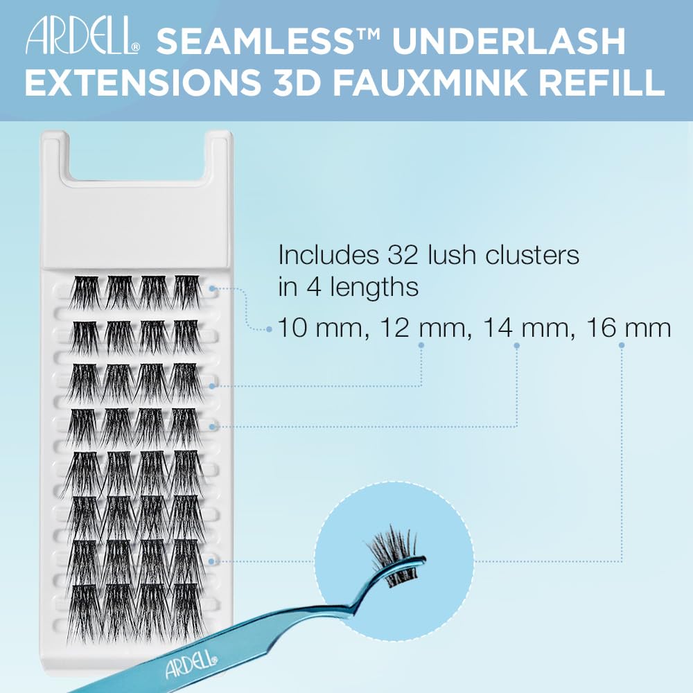 Ardell Seamless Undies Underlash Eyelash Extensions Refill, 3D Faux Mink Lash Cluster Kit, Full Volume & Intense Black Lashes, Up to 5 Applications, Assorted Eyelash Lengths, 32 Knot-Free Clusters