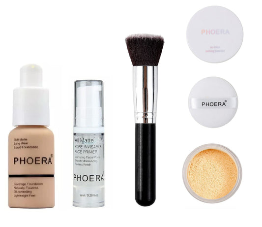 Phoera® Full Coverage Foundation, Primer, Setting Powder and MISKEEN Makeup Brush Soft Matte Oil Control Concealer 30ml Long Lasting Flawless Cream Smooth Aquapurity (104 BUFF BEIGE)