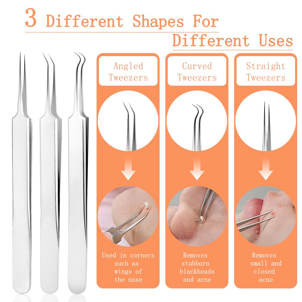 LOPHE Blackhead Remover Tool Kit, 15PCS Pimple Popper Tool Kit Stainless Steel Comedone Extractor Tweezers Acne Needle Pimple Popping Kit for Removing Pimple Blackheads Zit on Forehead Facial Nose