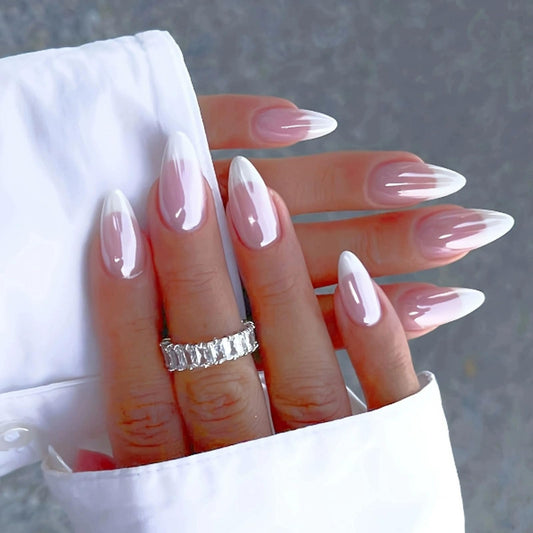 Generic Natural Pink White Flame Press On Nails for Women – Chrome Glitter French Tip Almond Shape, Stiletto Shape French Ombre Design with 12 Sizes, Full Jelly Tool Set for Quick Nails (Natural Pink Stick)