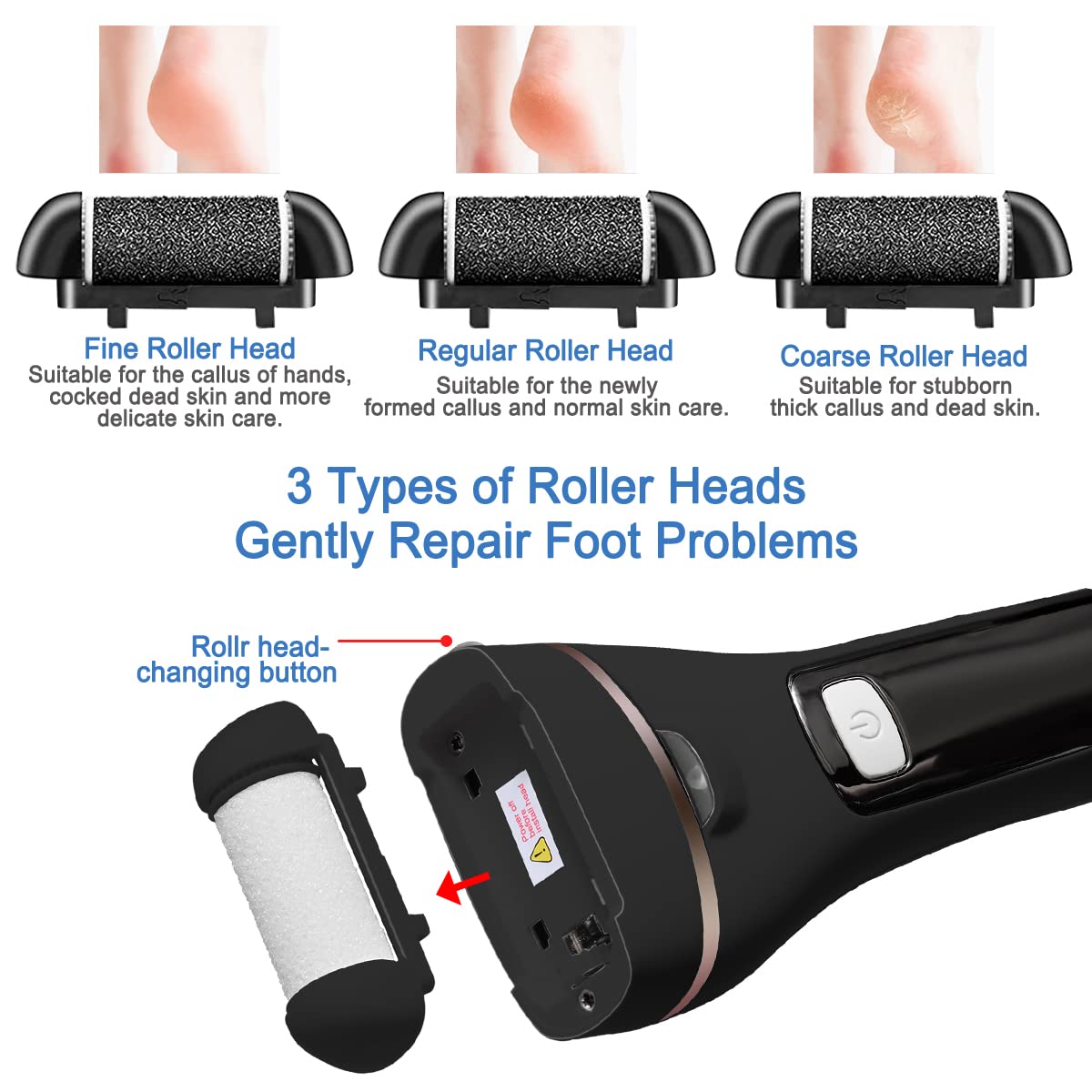 KMYC Electric Foot File for Hard Skin Remover, Feet Callus Remover Scrubber Brush File for Dead Skin Dry Heel Skin Scholl Pedicure Tools Kit, Black