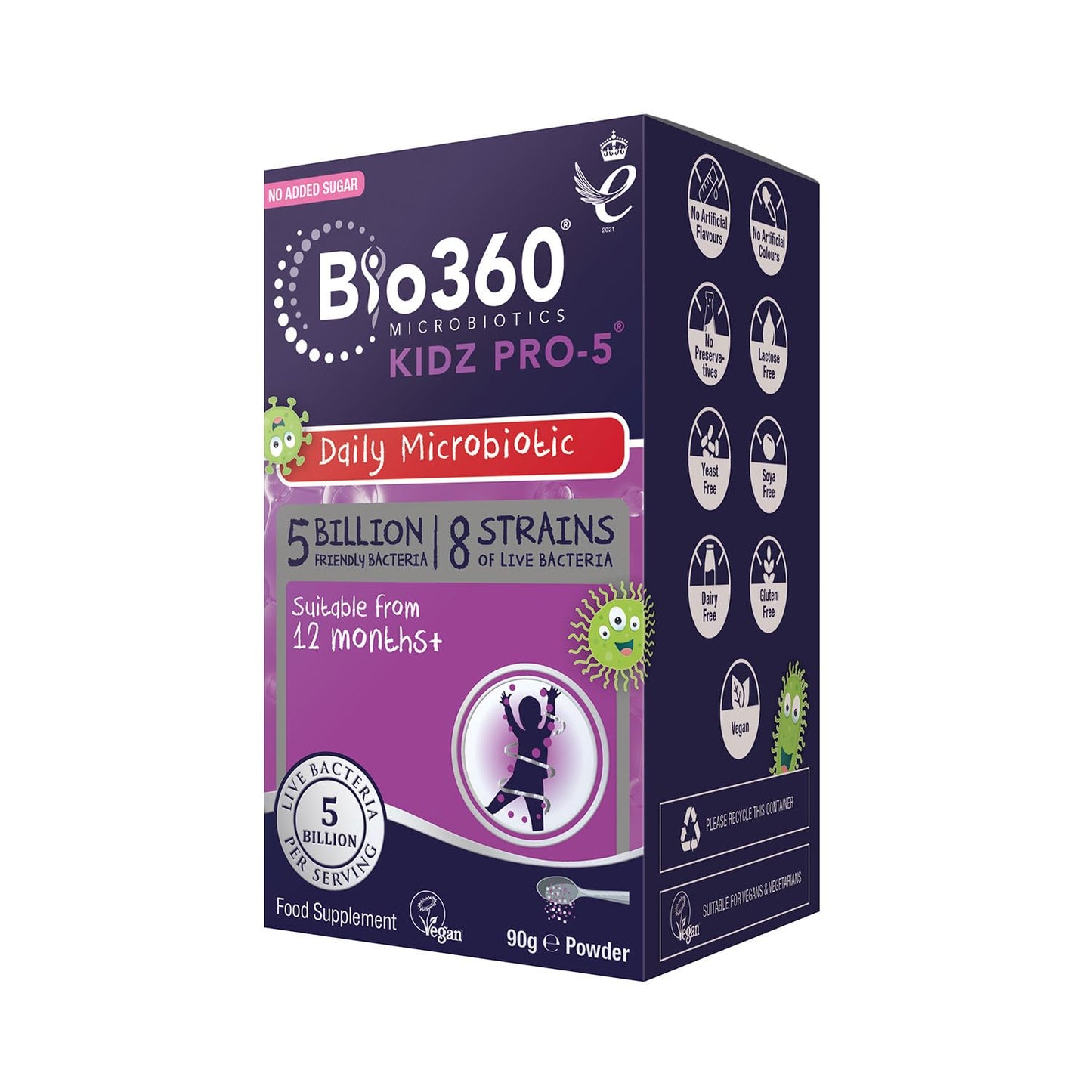 Natures Aid Bio360 Kidz Pro-5 Daily Microbiotic Powder 90g for Children 12 Months to 12 Years - 5 Billion Friendly Bacteria - Sugar Free Vegan Non-GMO Gluten-Free