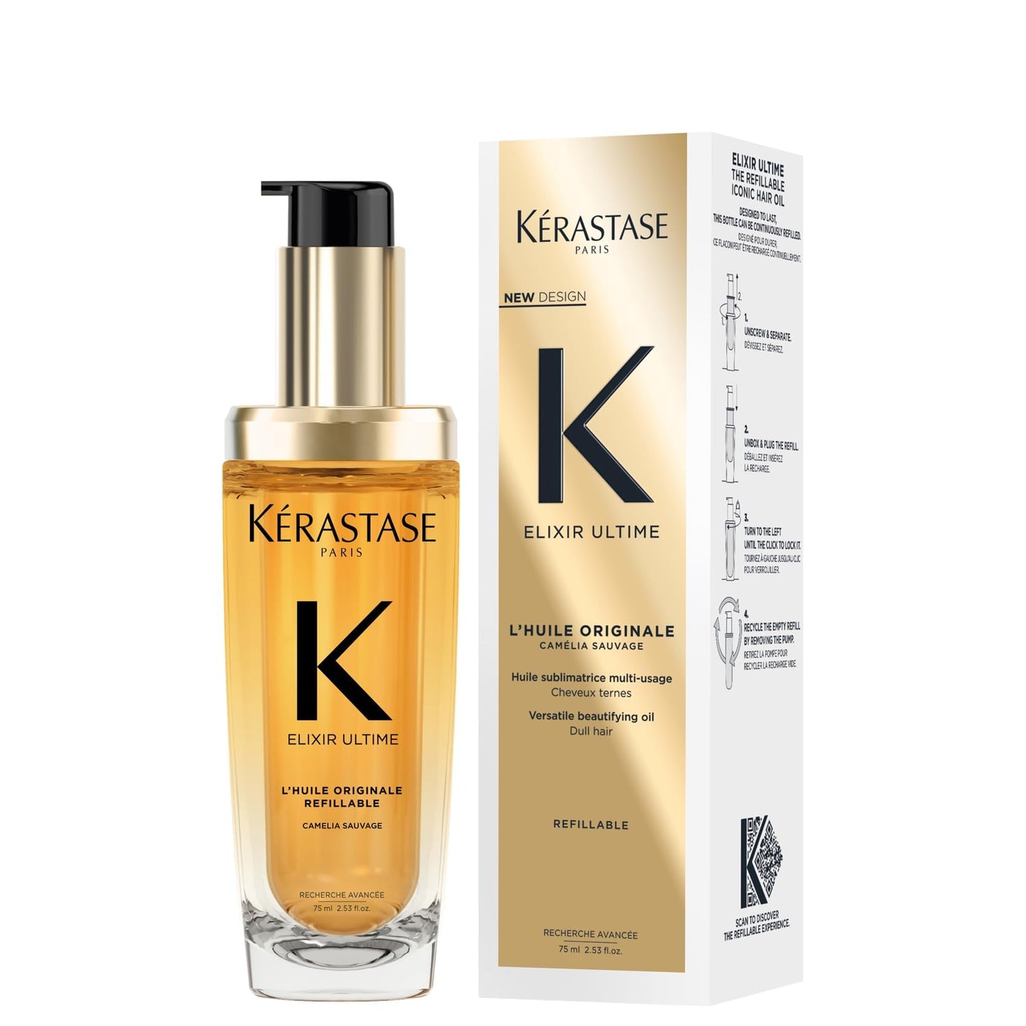 Kérastase Elixir Ultime Hair Oil Refillable, Nourishes Dull Hair, For All Hair Types, Strengthens and Protects Hair From Heat, With Argan and Camellia Oil, L'Huile Originale, 75ml