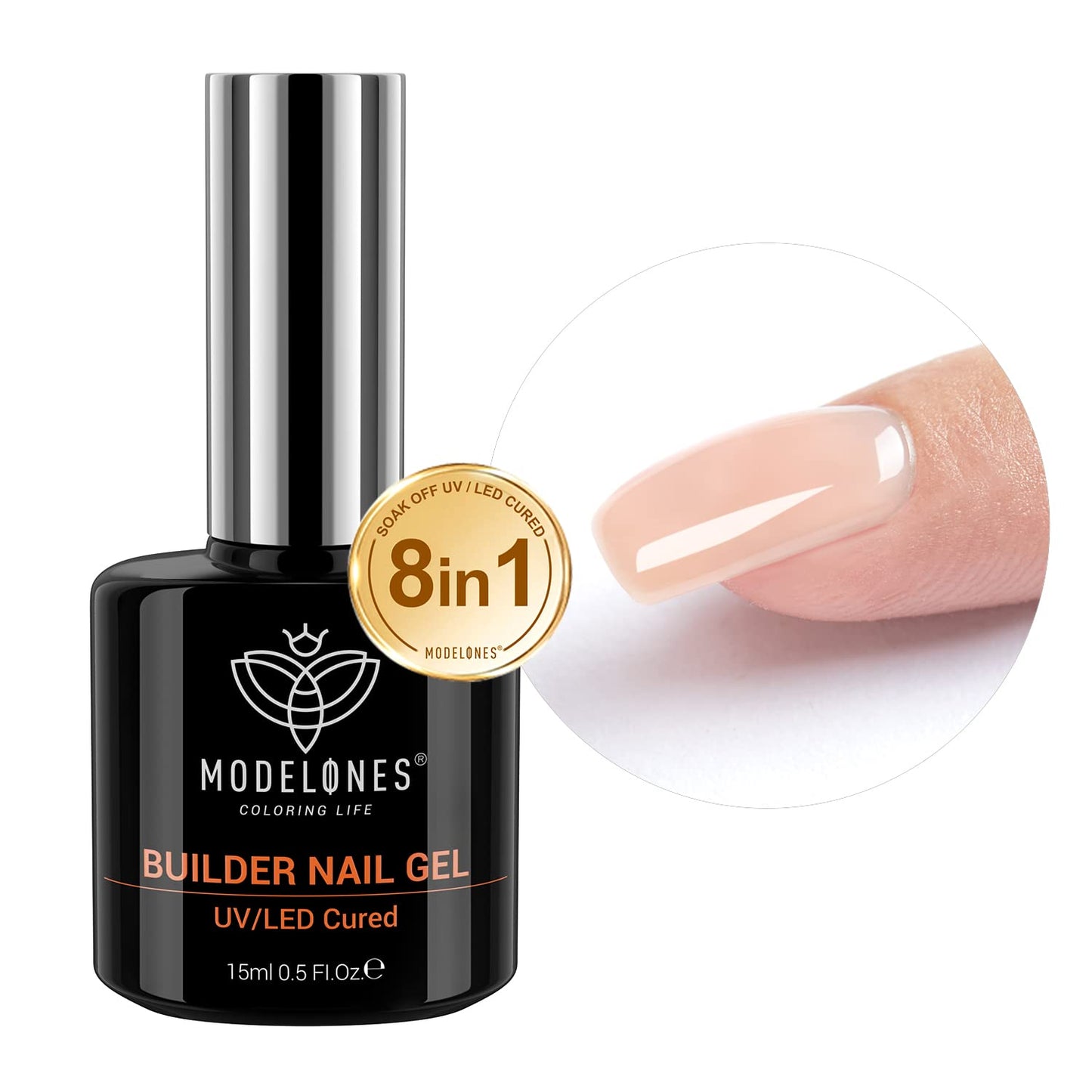 Modelones Gel Nail Polish Builder Nail Gel, 8-in-1 Neutral Nude Brown Gel Builder for Nails, Hard Gel Builder Nail Strengthener Extension Gel Base False Nail Tips Glue Gel in a Bottle 15ML