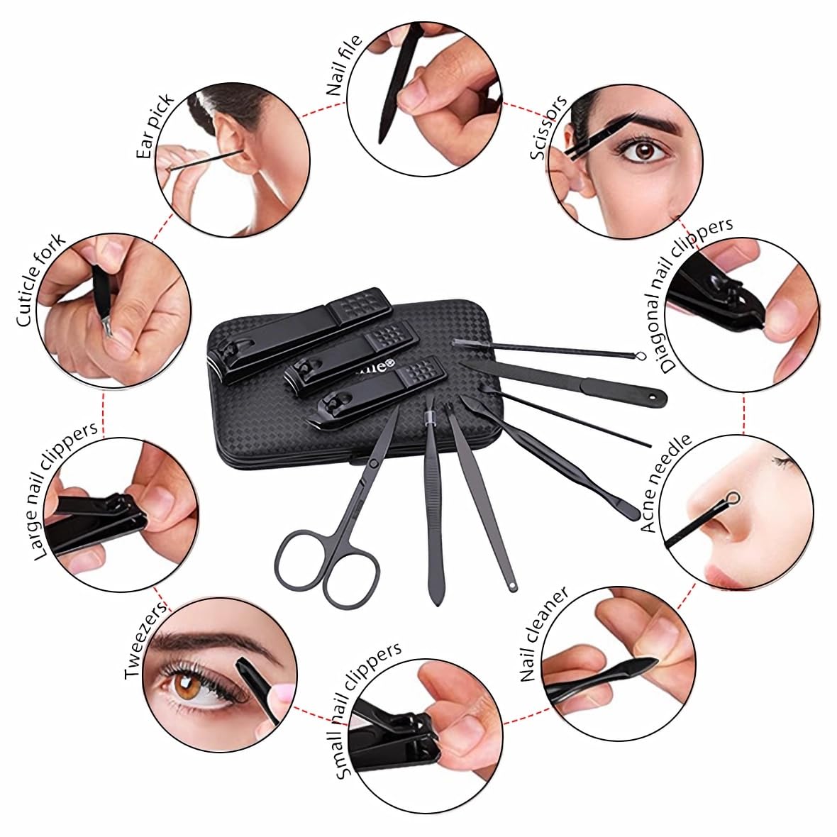 GLAMNE Glamne Manicure Set Nail Clippers Kit Professional Stainless Steel Nail Care Tools with Leather Travel Case 10 in 1 Black