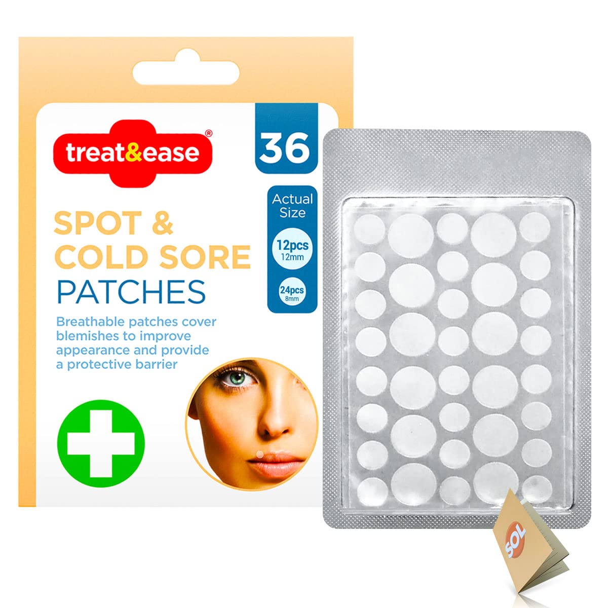 36pk Spot & Cold Sore Patches | 12pcs 8mm & 24pcs 12mm Skin Care Pimple Patches | Acne Patch Hydrocolloid Patches | Face Care Spot Patches | Pimple Patch Acne Patches Hydrocolloid Patch + SOL Sticker