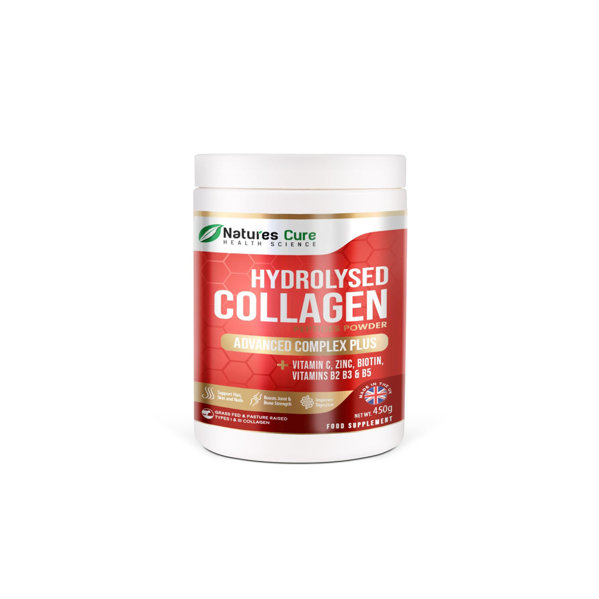 Natures cure Premium Collagen Powder Complex – Bovine Collagen Peptides 450g- Enriched with Essential B Vitamins, Vitamin C, Zinc & Biotin – Pure Hydrolysed Collagen Supplement – by Natures Cure