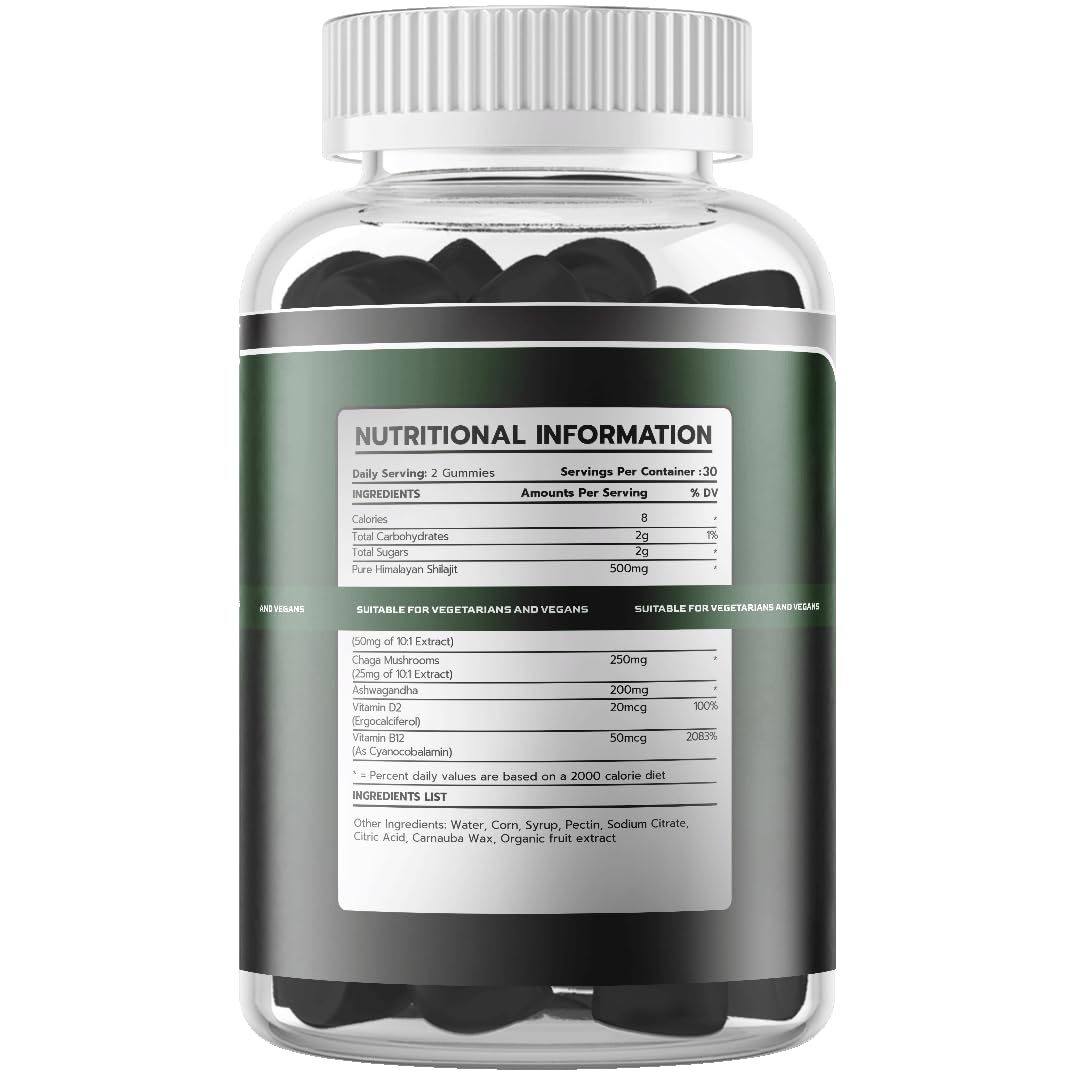 SASH Vitality Sash Vitality Shilajit Gummies 1450mg | Pure Himalayan Shilajit with Chaga, Ashwagandha, Vitamin D2 + B12 | Vegan & Sugarfree | 85+ Trace Minerals, for Energy & Immune, Authentic Flavor