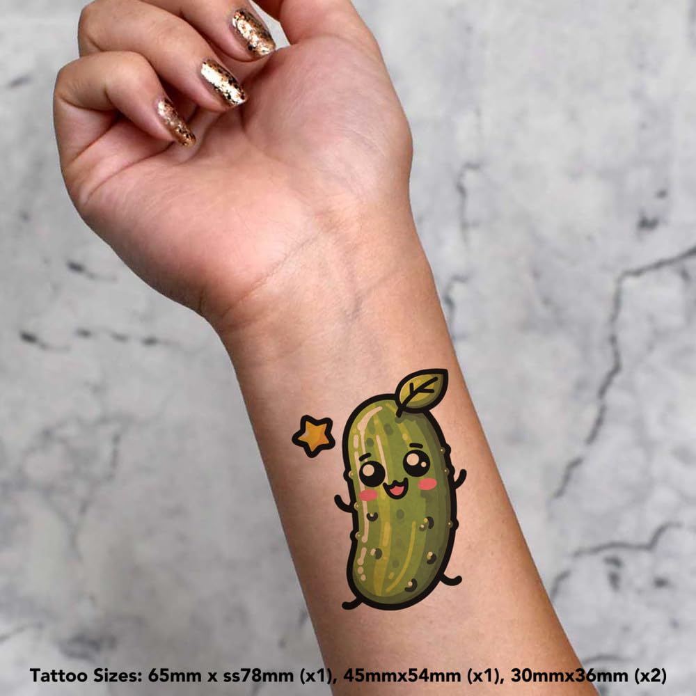 Azeeda 4 x 'Cute Kawaii Pickle' Temporary Tattoos - Water Resistant, Skin-Safe, Non-Toxic Transfers, Mixed Sizes (TO00075820)