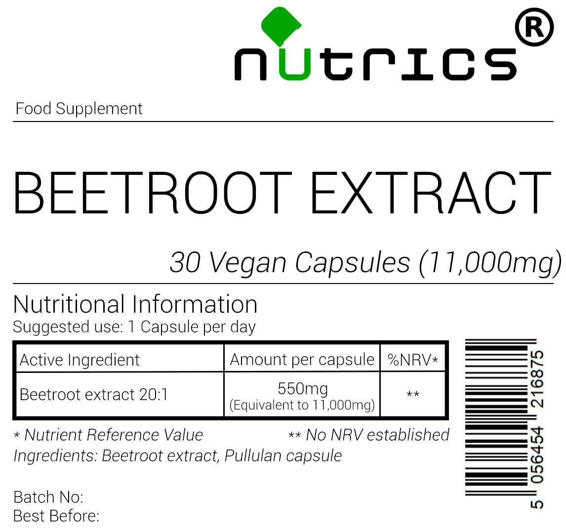 Nutrics® Beetroot Extract 20:1 11000mg Extract V Capsules 20:1 Vegan Capsules- Beta Vulgaris Strong Supplement - Suitable for Vegan Vegetarian Halal & Kosher Diet - 30 Capsules (1 Month supply)