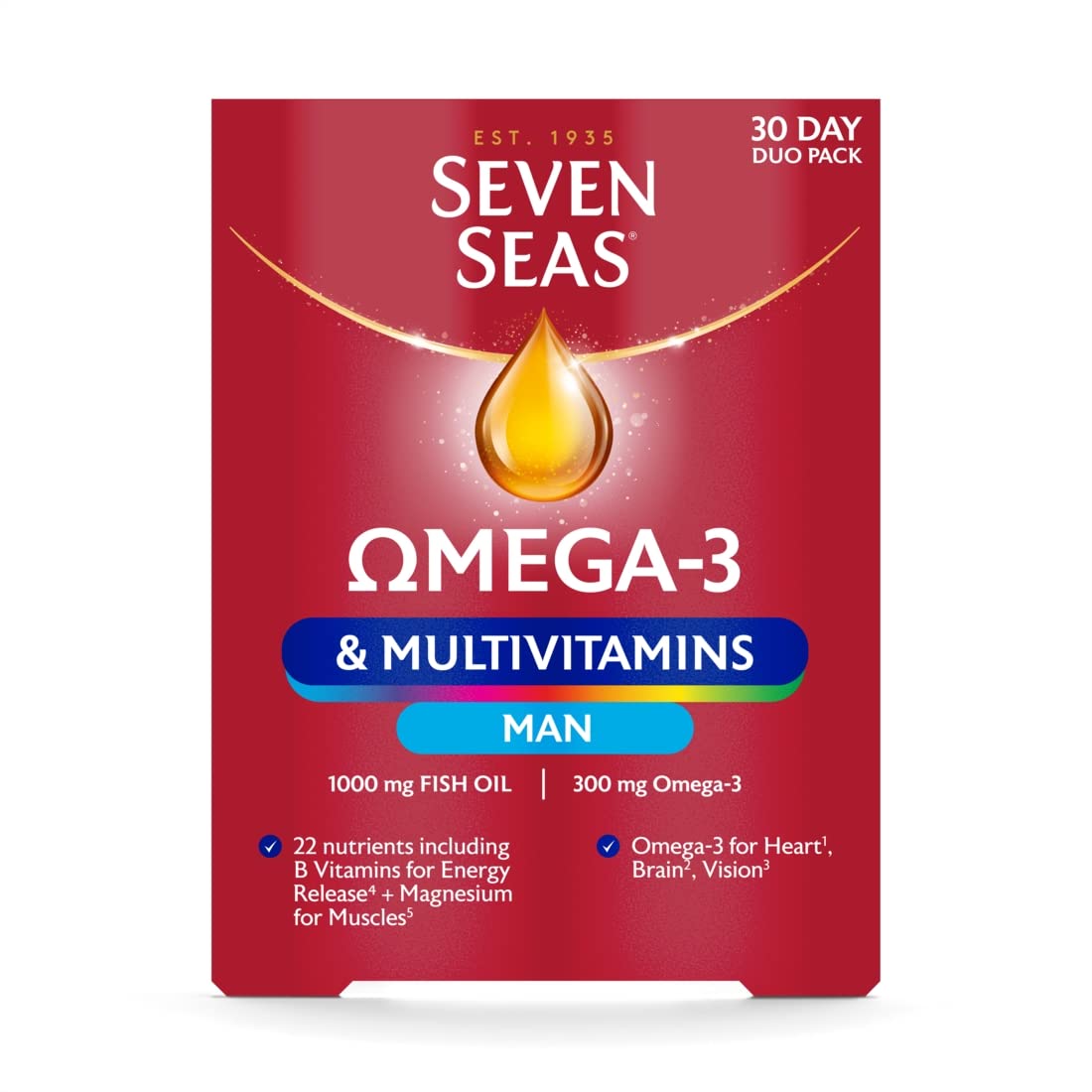 Seven Seas Omega-3 & Multivitamins Man, With B Vitamins and Magnesium, 30-Day Duo Pack, 30 Omega-3 Capsules and 30 Multivitamin Tablets