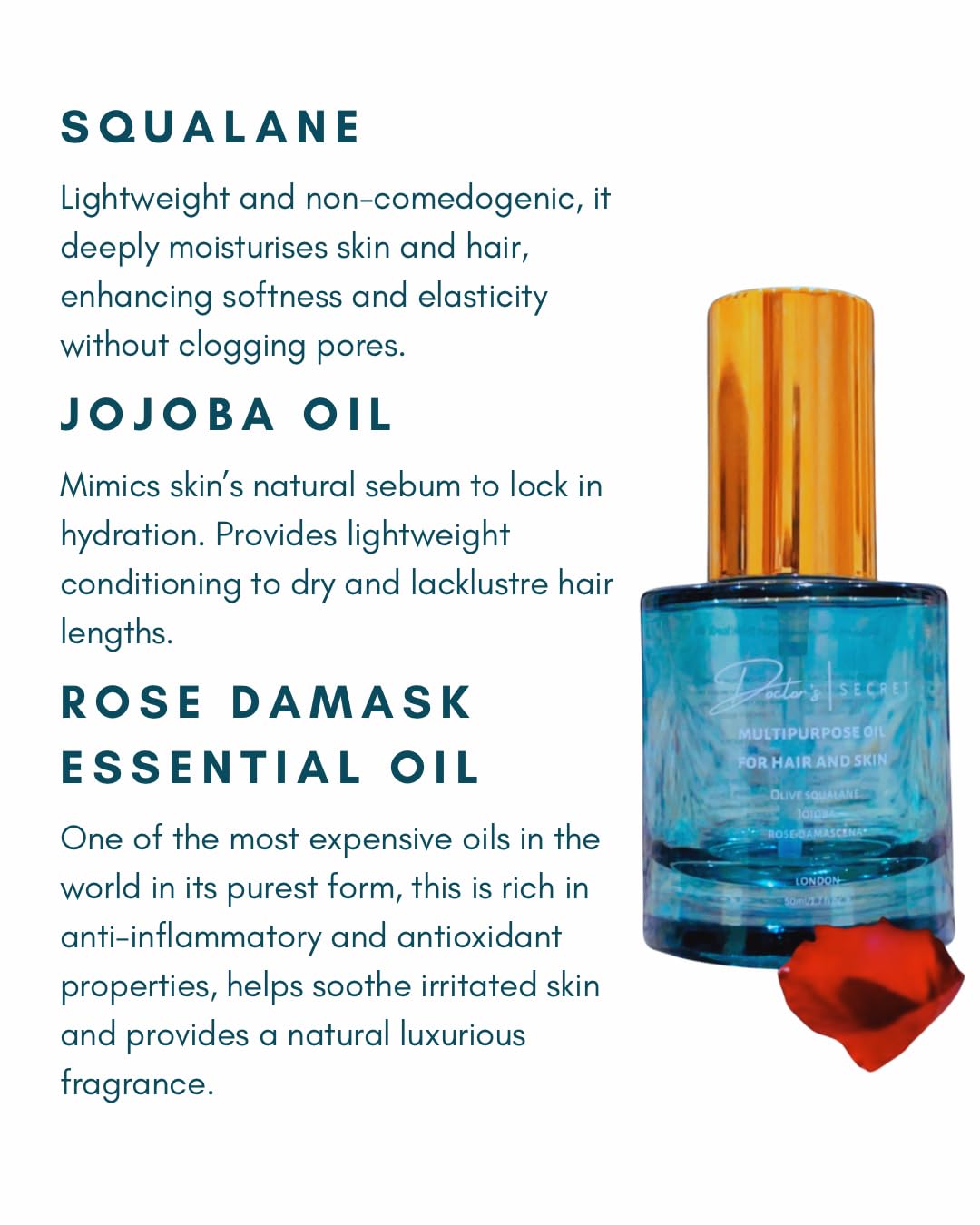 Doctor's Hair Secret Doctor's Secret Squalane, Rose, Joboba Multipurpose Oil Hair, Face, Body - Leave-In Hair Oil Ends Conditioning Shine Facial Oil Vegan 100% Natural Nourishing Hydrating Glow Glass Skin & Hair