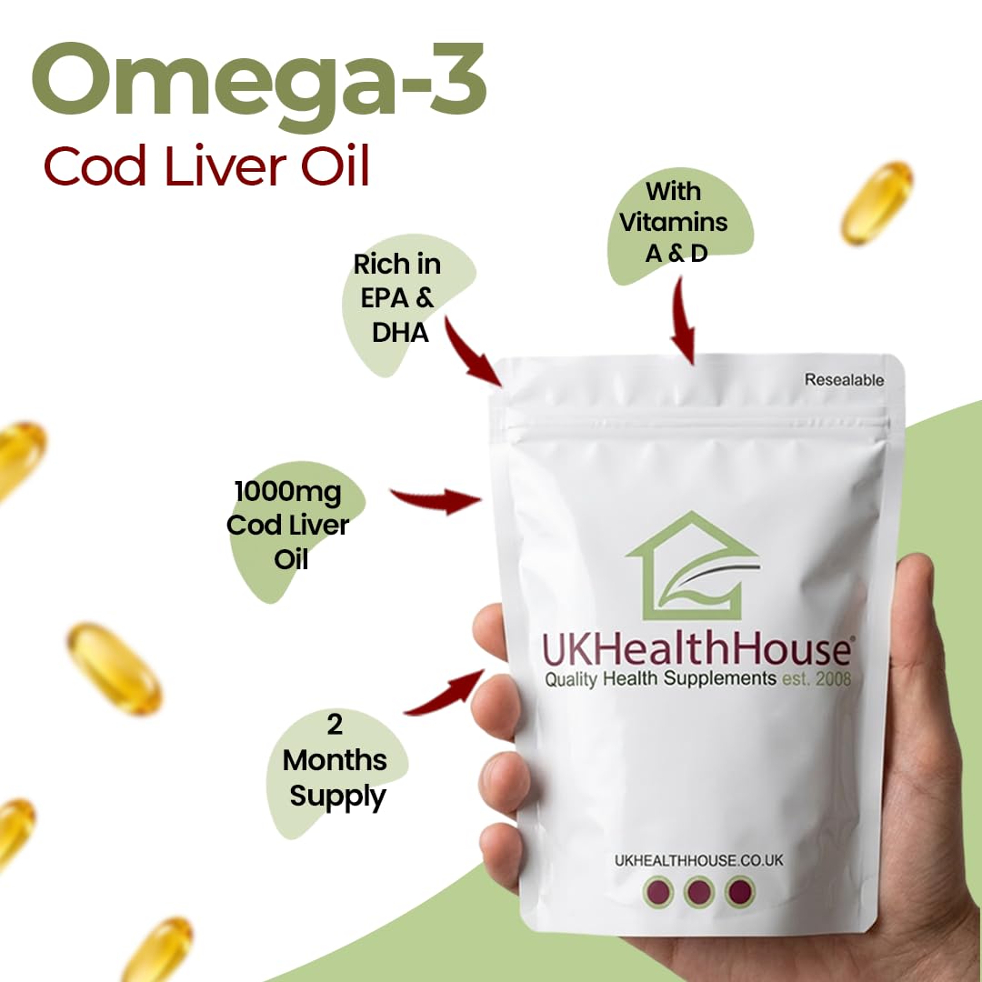 UKHealthHouse Cod Liver Oil Capsules 1000mg | High Strength Cod Liver Oil Capsules for Heart, Brain Health & Immune System | Rich in Omega 3 Fatty Acid, Fish Oil with EPA & DHA | 60 Softgels