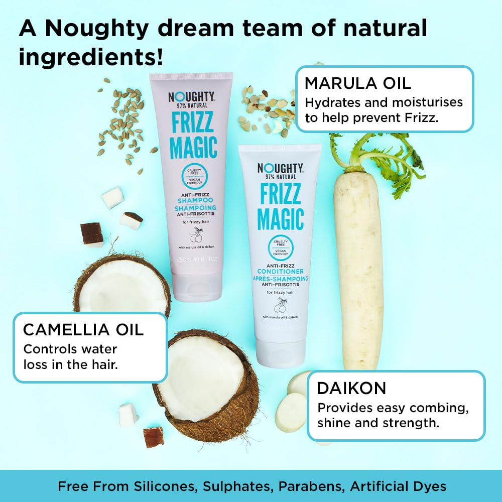 Noughty 97% Natural Frizz Magic Conditioner, Anti Frizz/Humidity Conditioning Formula for Frizzy, Curly and Wavy Hair, 97% Natural Sulphate Free Vegan Haircare for Smooth Control and Shine 250ml