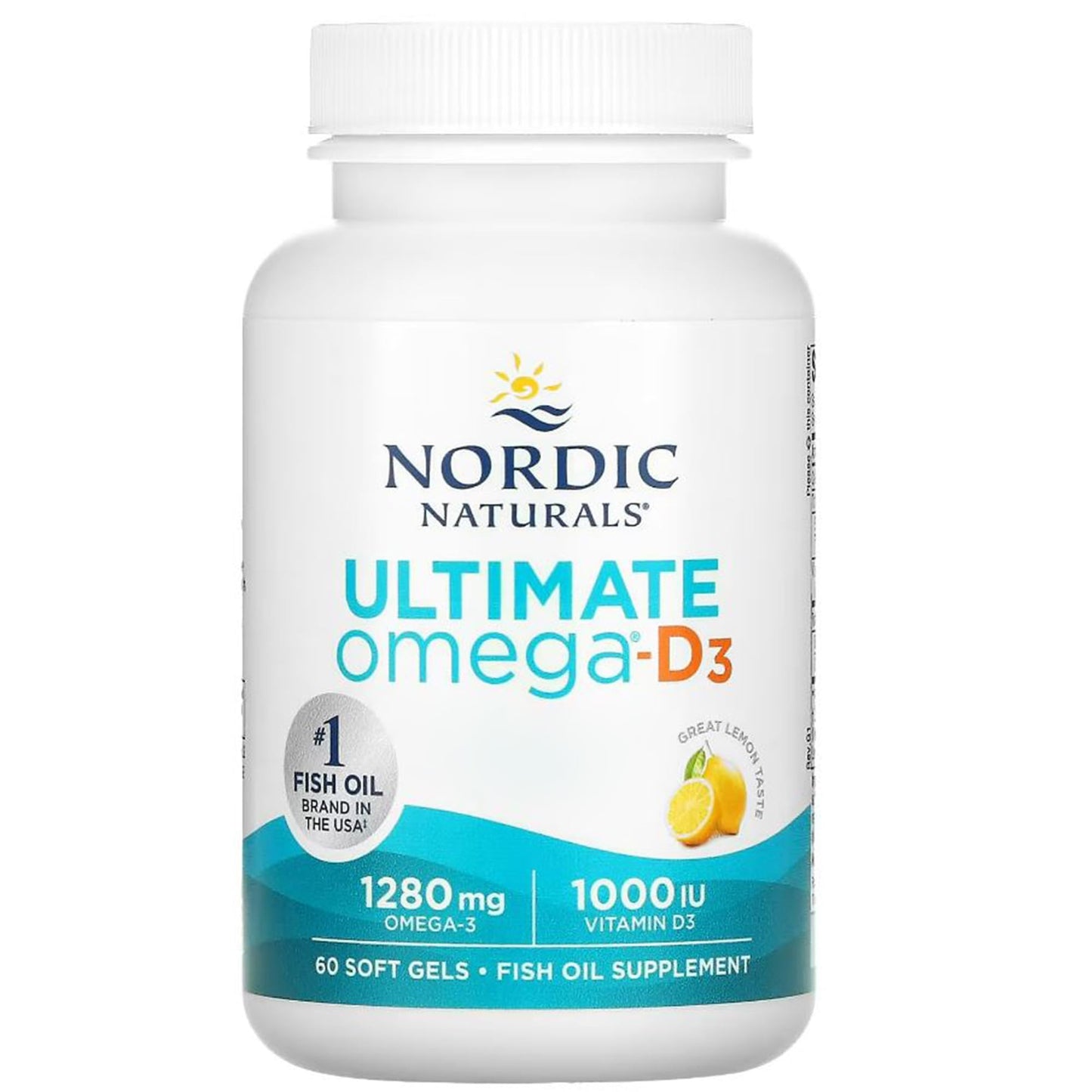 Nordic Naturals, Ultimate Omega-D3, 1280mg Omega-3, with EPA, DHA and Vitamin D3, High Dose, Lemon Flavour, 60 Softgels, Lab-Tested, Soy Free, Gluten Free, Non GMO