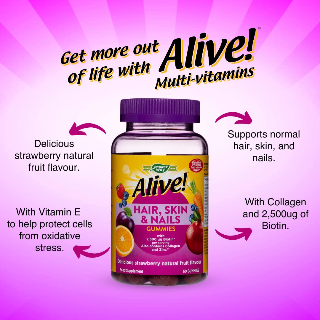 Alive! Hair, Skin & Nails Supplement | Contains 2,500mcg of Biotin | 60 Gummies (1 Month Supply) | Delicious Multivitamin Gummies to Nourish Your Hair, Skin & Nails.