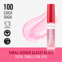 Rimmel Thrillseeker Glassy Gloss 100 Coco Suga, Hydrating Shine, Hyaluronic Acid, Anti-Oxidant Complex, Non-Sticky, Big Applicator, Healthy-Looking Lips, Delicious Scent, Vegan, Cruelty Free