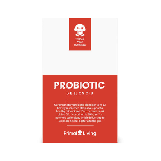 Probiotic 6 Billion CFU, Digestive Support - Primal Living - 30 Vegan Capules Individually Vacuum Sealed in A Pharmaceutical Quality Blister Pack