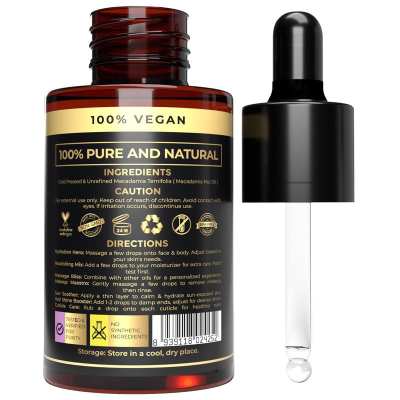 The Organic Forest – VEGAN . PURE . NATURAL Organic Macadamia Nut Oil with Dropper | Perfect Macadamia Carrier Oil for Soft Skin, Strong Hair, Aromatherapy & Massage | Sulfate & Paraben Free