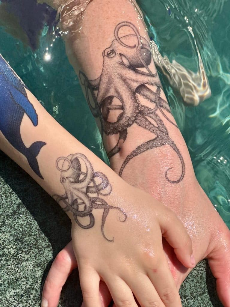 Matching Octopus Wrap Temporary Tattoo – Large 16x14cm + Small 8cm Realistic Tentacle Design for Hand & Arm – by Inkwear