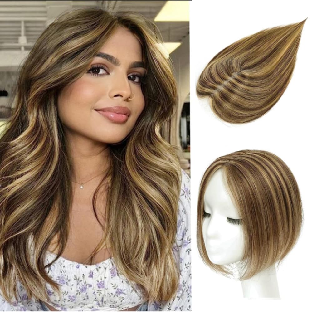 SEA SINGING Hair Toppers for Women Real Human Hair Toppers for Women with Thinning Hair Remy Toppers Hair Pieces for Women Human Hair clip on 100% Human Hair Toppers Medium Brown Mix Blonde(10inch, HL-4P27)